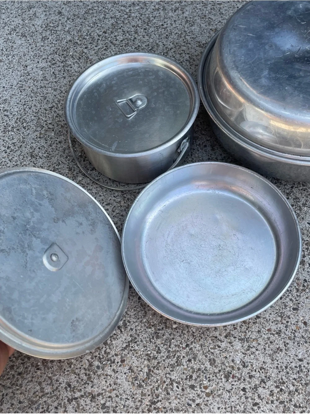 Vintage Bulldog Brand Camping Cooking Pots Aluminum Tins Pans Outdoor